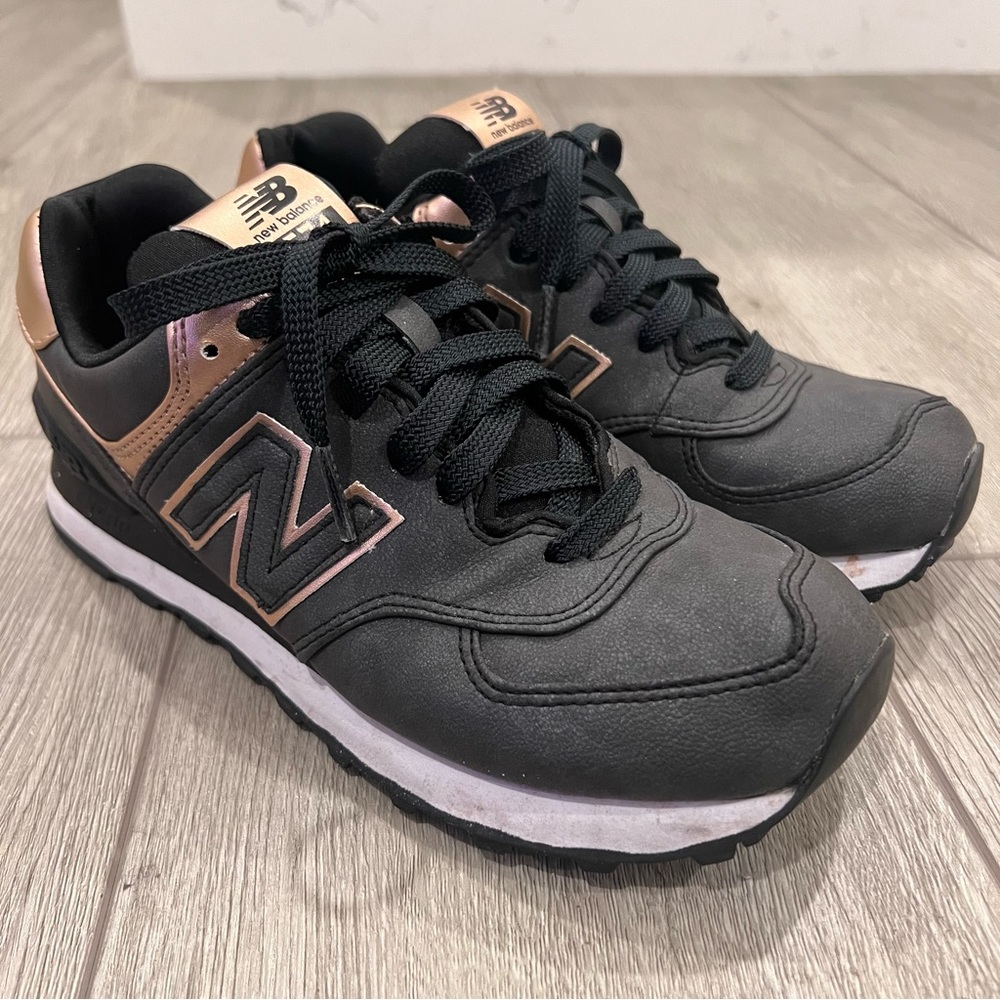New Balance 574 Black Suede with Rose Gold